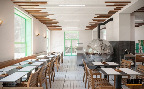 Идеи для дизайна: креативный реечный потолок в пиццерии